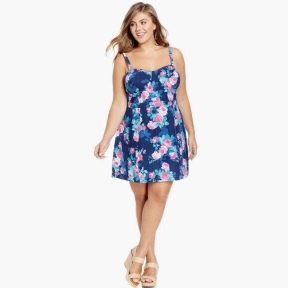 Jessica Simpson Mini Dress 2X Blue Pink Rose Floral Corset‎ Smocked Micro Ribbed